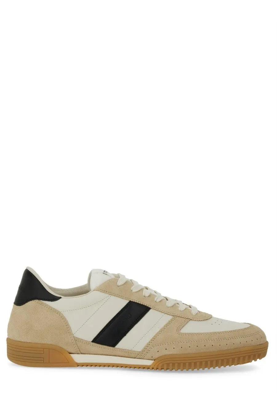 Tom Ford men’s Terence sneaker in beige and black suede with a gum rubber sole multicolor design
