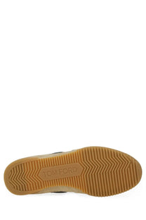 Tom Ford men’s Terence sneaker multicolor in beige suede with tan rubber sole featuring chevron tread pattern