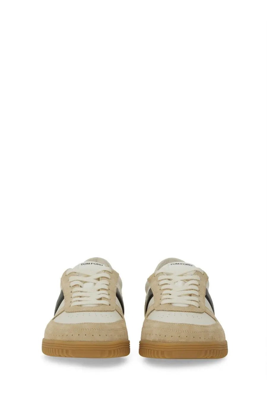 Tom Ford men’s terence sneaker in beige suede and canvas with black side panels tan rubber soles and white laces