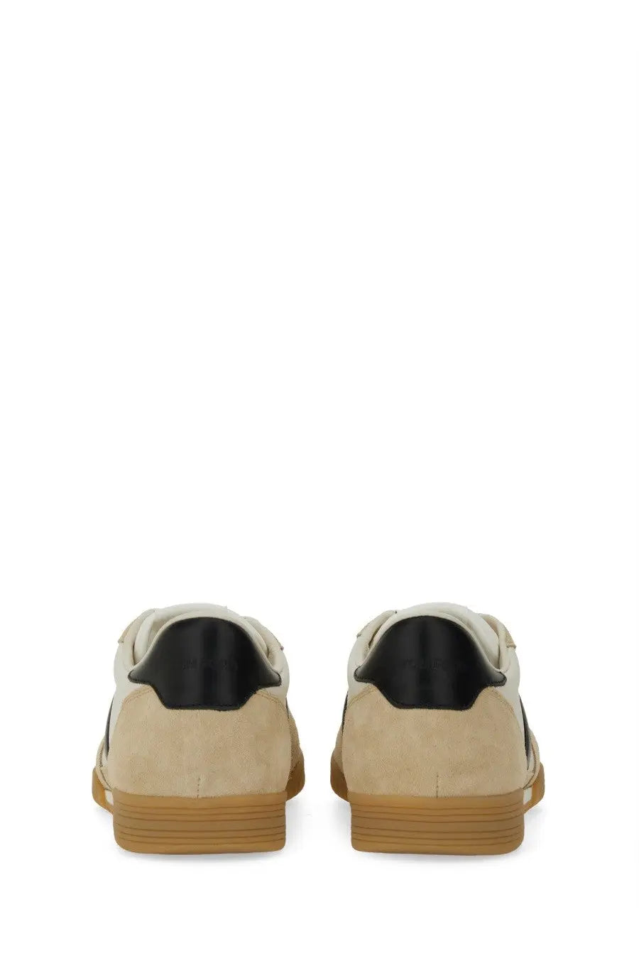 Beige suede tom ford men’s terence sneakers with black rubber heel tabs and gum-colored soles shown from back side