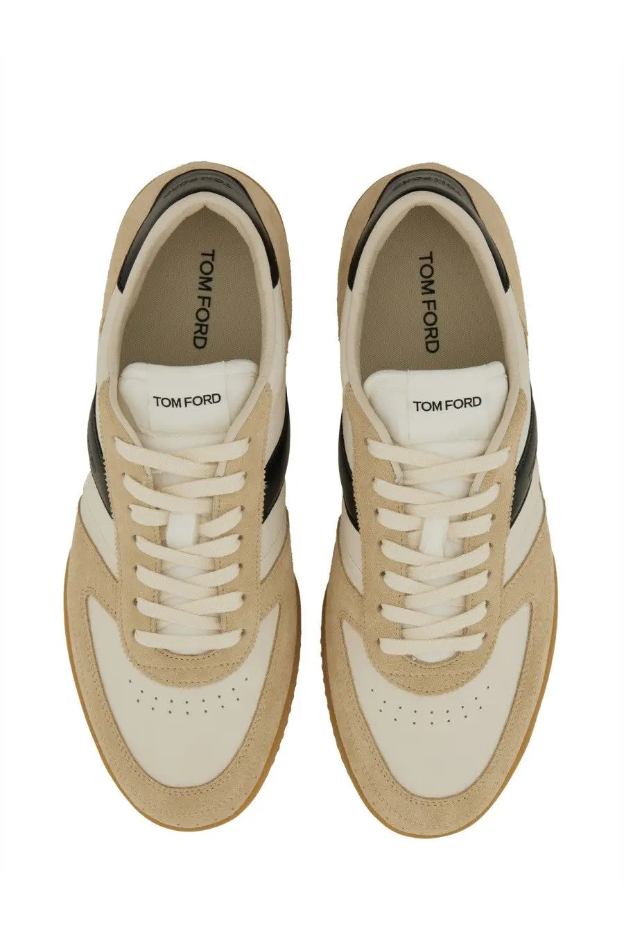 Tom Ford men’s Terence sneaker in beige and white suede with black accents featuring the logo on the insole