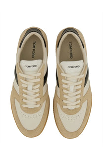 Tom Ford men’s Terence sneaker in beige and white suede with black accents featuring the logo on the insole