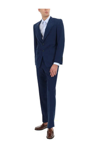 Tom Ford men’s two piece wool dress suit in navy blue with subtle texture and classic two button front closure