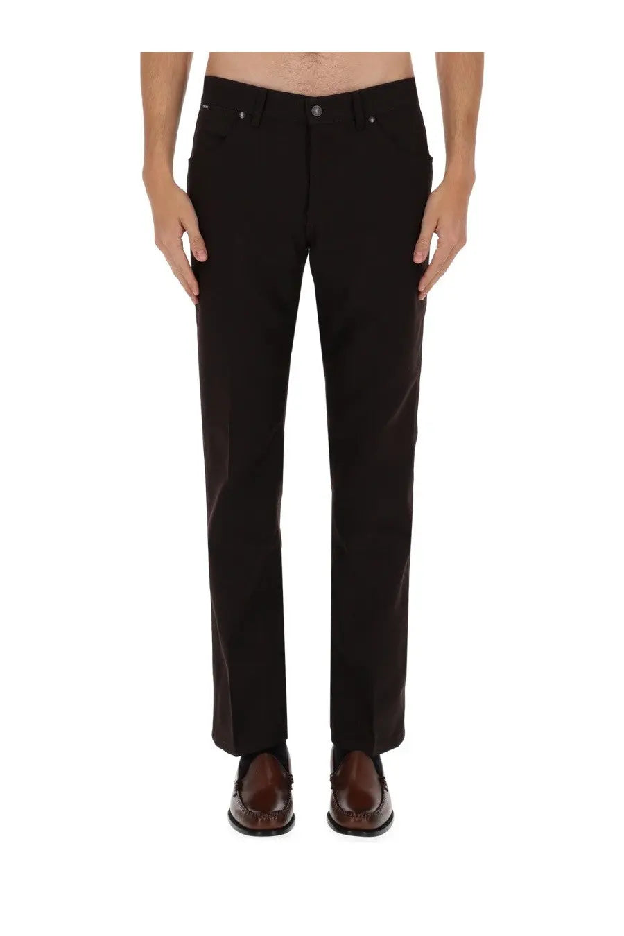 Tom Ford men’s wool pants brown with black straight-leg five-pocket design and subtle stitching details