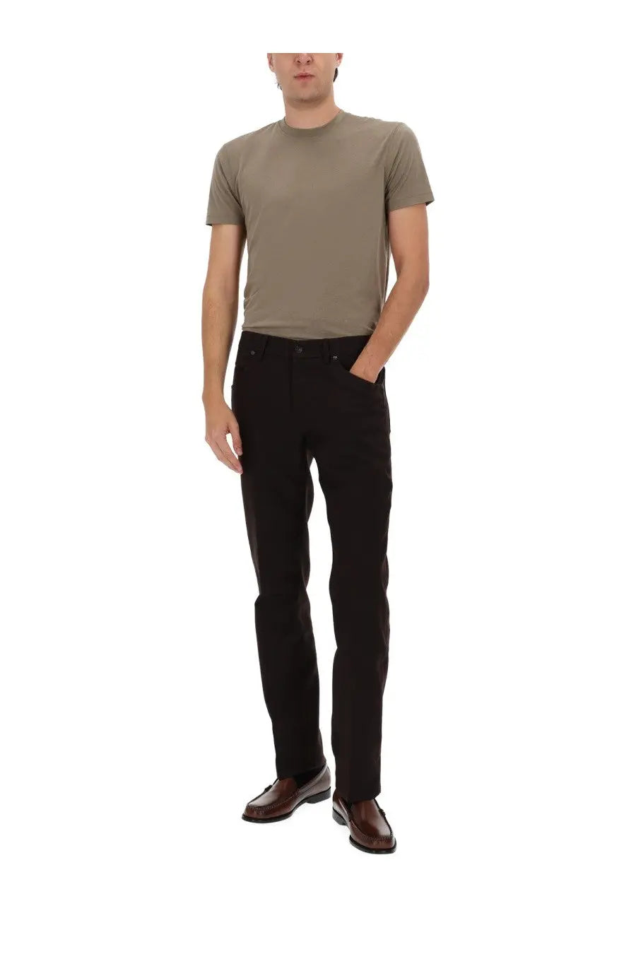 Tom Ford men’s wool pants brown with sleek straight-leg black tailored trousers and classic five-pocket design