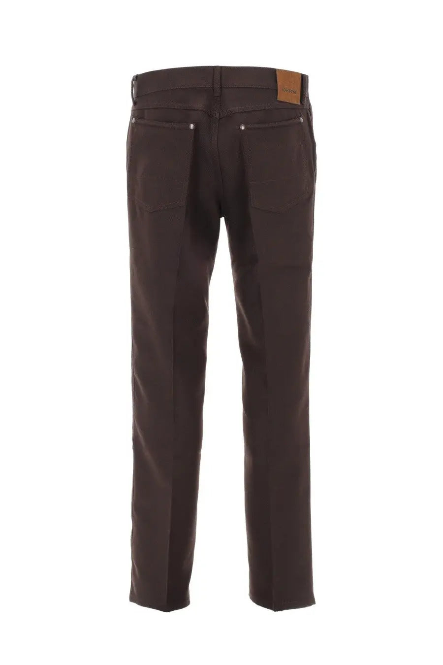 Dark brown denim jeans with classic five-pocket design and tan leather patch on waistband in tom ford men’s wool pants brown