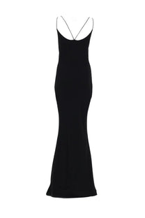 Tom Ford women’s black satin slip dress with thin double straps and mermaid silhouette front view