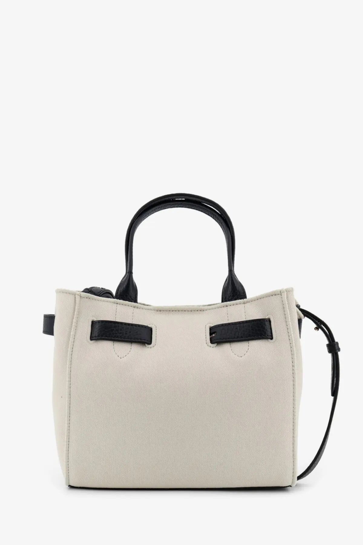 Cream-colored textured tote bag with black leather handles and strap minimalist design by Tom Ford women