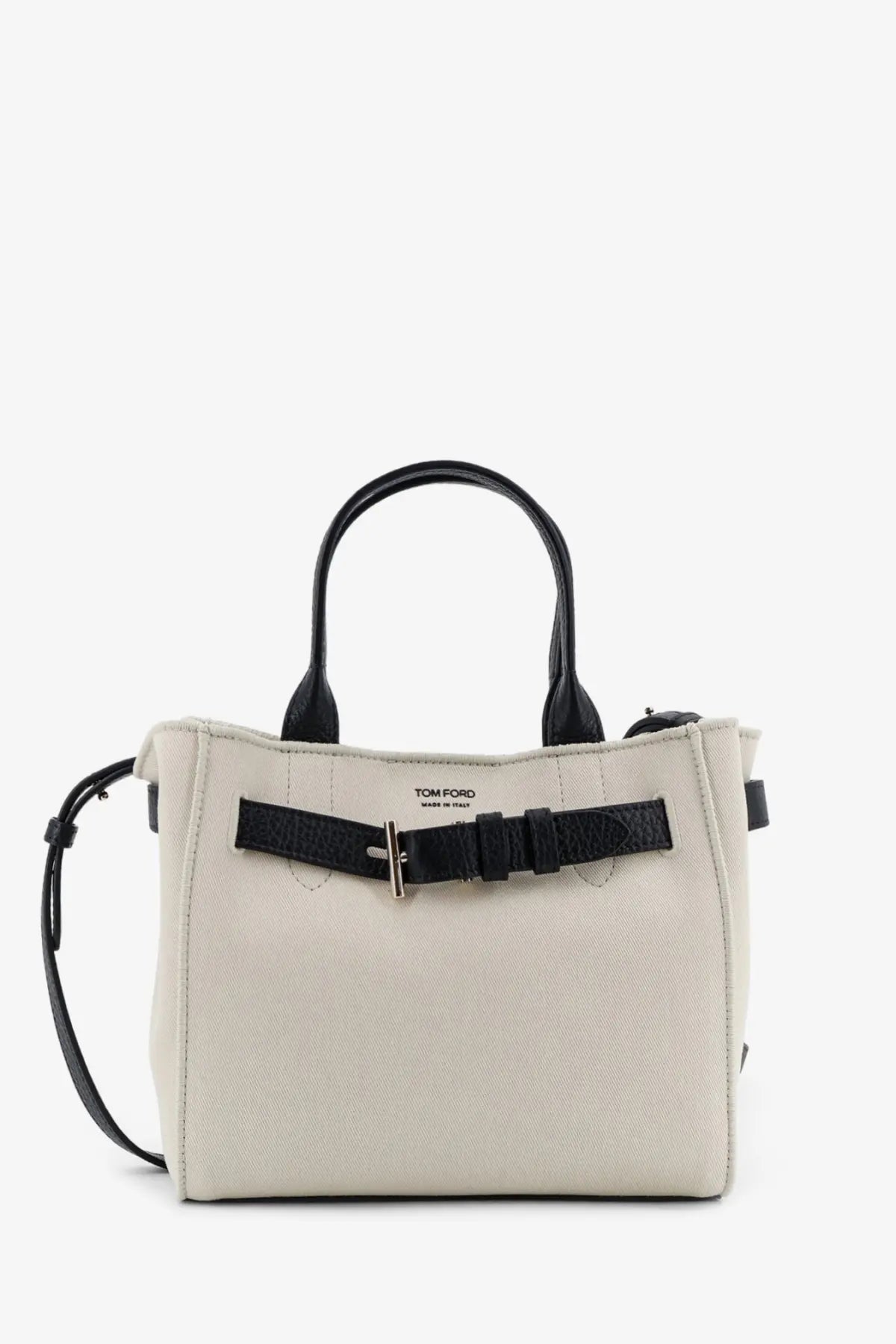 Cream-colored Tom Ford tote bag with black leather handles and crocodile-textured belt detail in Tom Ford Audrey canvas handbag black