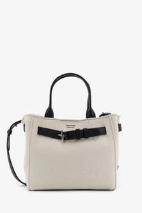 Cream-colored Tom Ford tote bag with black leather handles and crocodile-textured belt detail in Tom Ford Audrey canvas handbag black