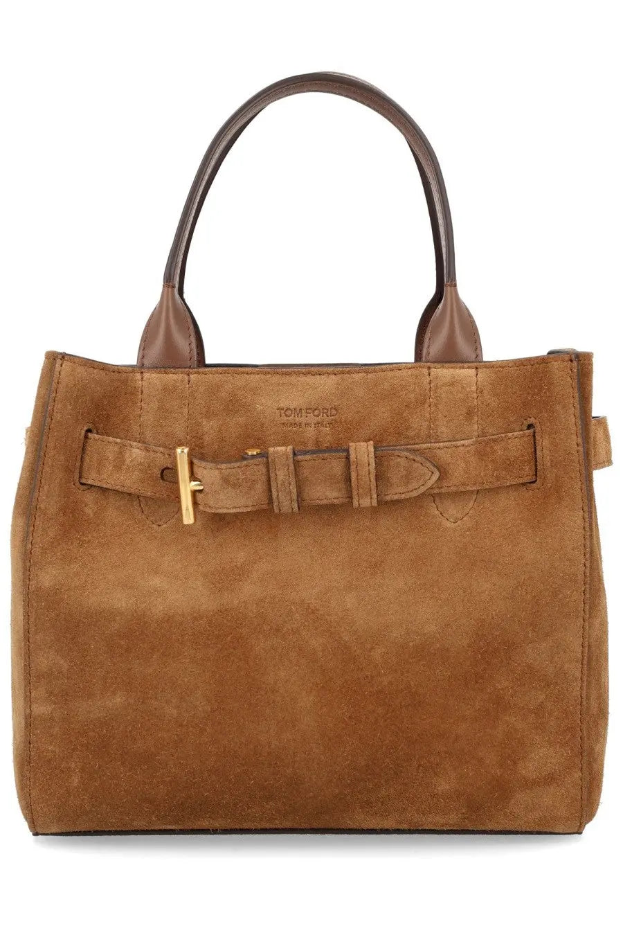 Tan suede tom ford audrey small tote bag with brown leather handles and gold-tone buckle belt-style strap