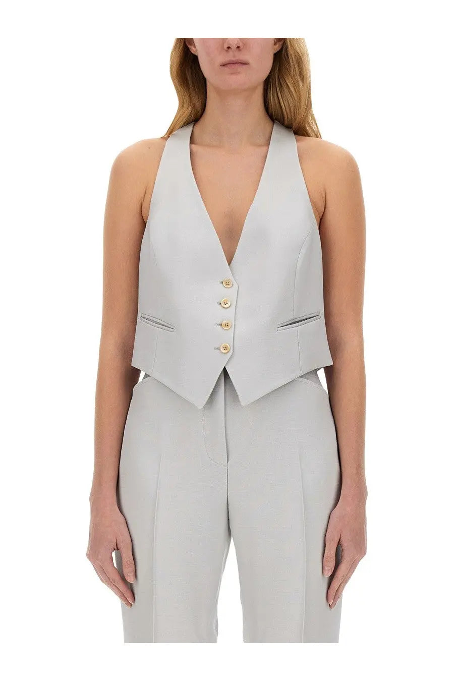 Tom Ford women’s barathea silk wool vest in light gray sleeveless with deep v-neck and three gold buttons front