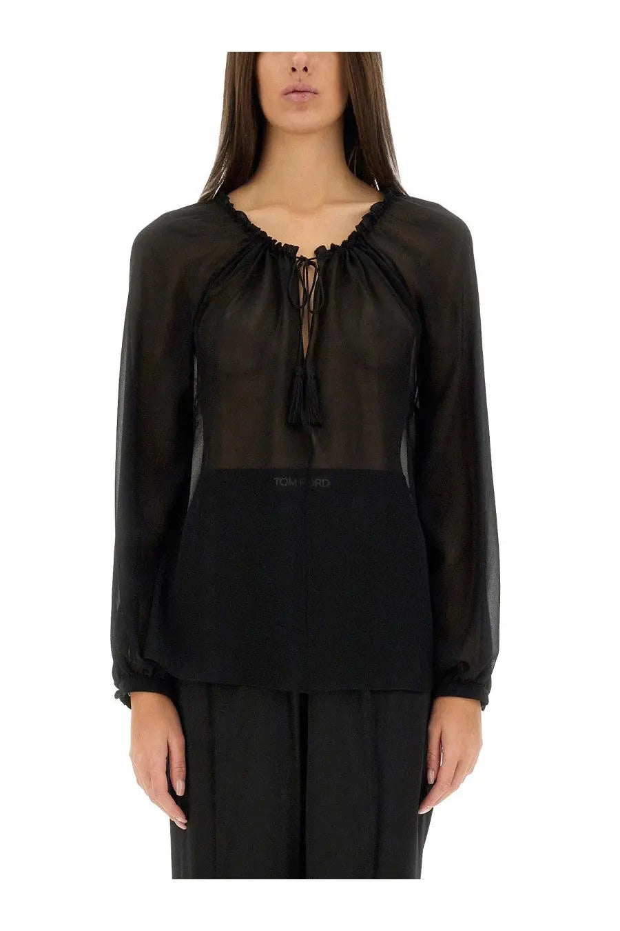 Tom Ford women’s black sheer silk blouse with long sleeves ruffled neckline and lace-up front detail