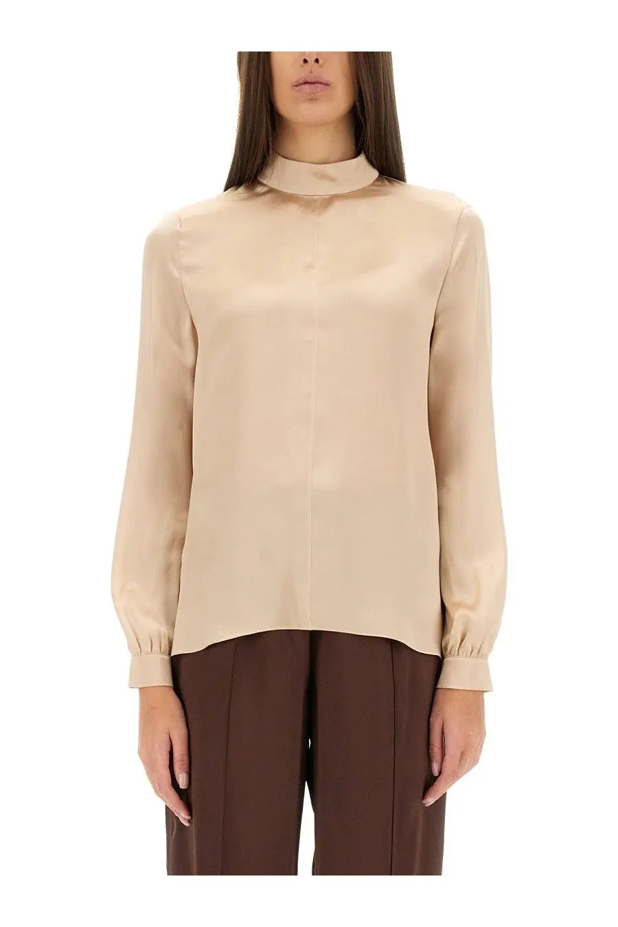 Beige satin blouse with high collar and long sleeves from tom ford women’s silk pink collection