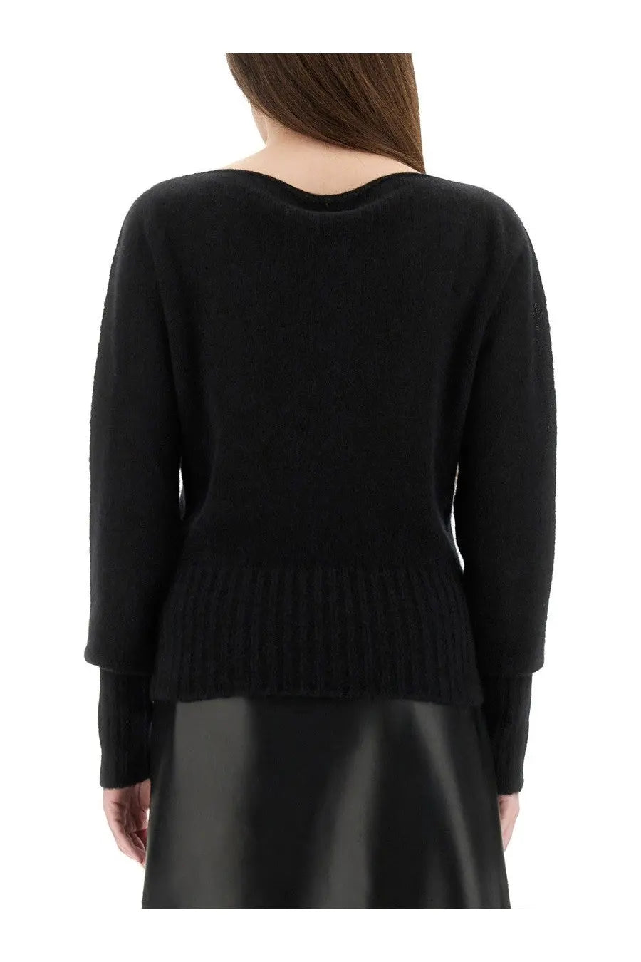 Tom Ford women’s black knit boat neck sweater with ribbed hem and cuffs in soft wool blend material