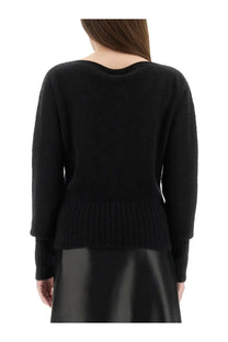 Tom Ford women’s black knit boat neck sweater with ribbed hem and cuffs in soft wool blend material