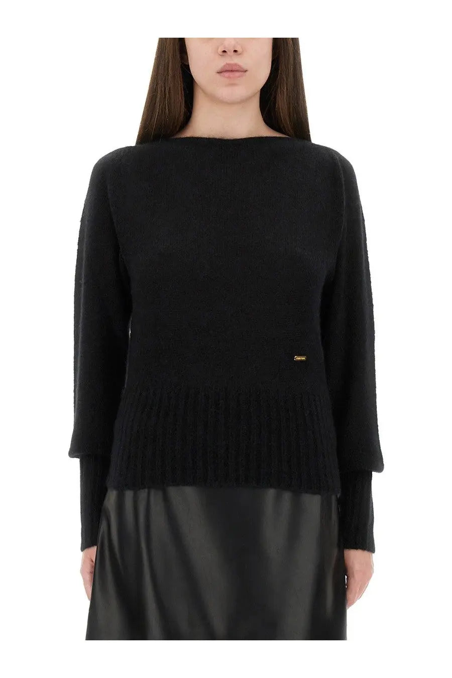 Tom Ford women’s black knit sweater with ribbed hem and layered long sleeves in boat neck design