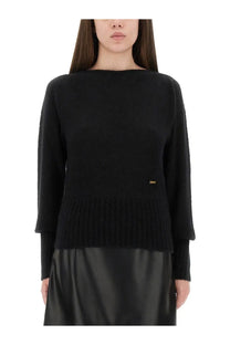 Tom Ford women’s black knit sweater with ribbed hem and layered long sleeves in boat neck design
