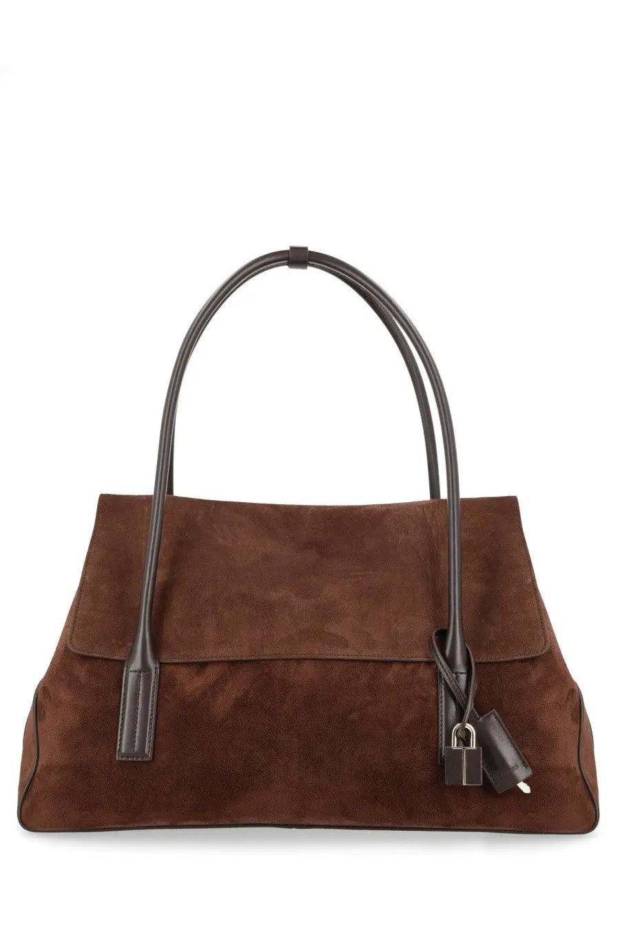 Tom Ford women’s borsa tote in brown suede with black leather handles and lock-and-key closure