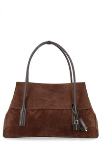 Tom Ford women’s borsa tote in brown suede with black leather handles and matching lock and key closure