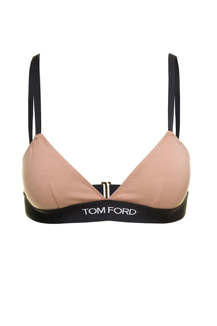 Tom Ford women’s bra beige triangle bikini top with black straps and contrasting black logo band