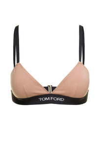 Tom Ford women’s bra beige triangle bikini top with black straps and contrasting black logo band