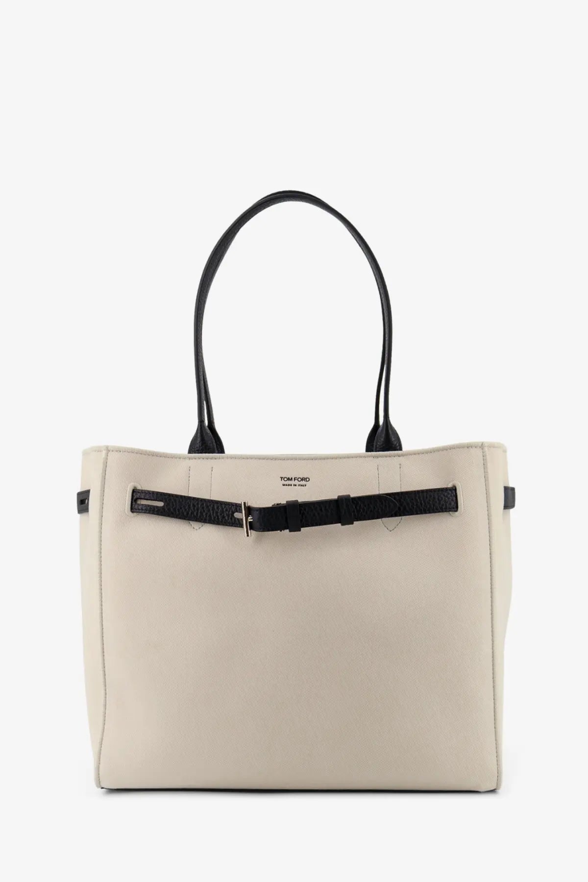 Tom Ford women’s cream leather tote bag with black handles and textured black belt detail across the front