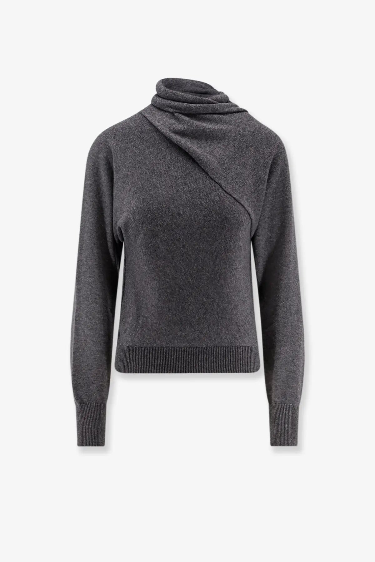 Tom Ford women’s dark gray cashmere and cotton knit sweater with draped cowl neck and ribbed cuffs