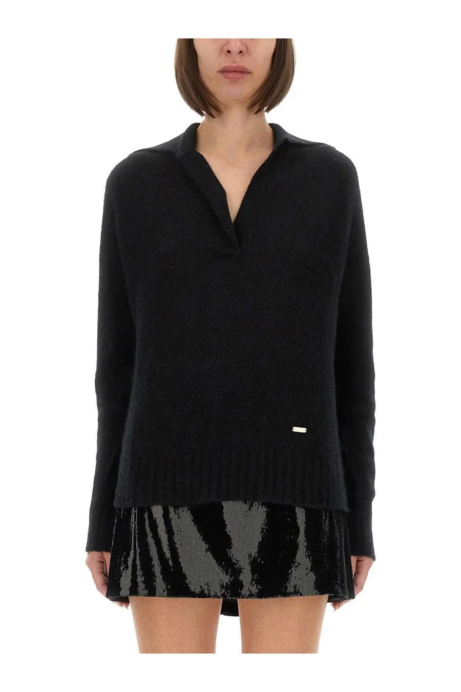 Tom Ford women’s black cashmere and silk long sleeve polo shirt with collar and ribbed hem front view