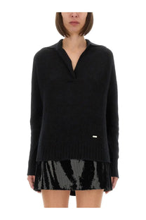 Tom Ford women’s black cashmere and silk long sleeve polo shirt with collar and ribbed hem front view