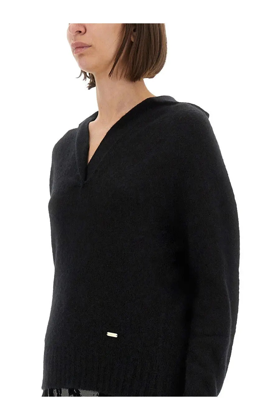 Tom Ford women’s black cashmere and silk long sleeve polo shirt with v neck ribbed hem and metallic tag at front