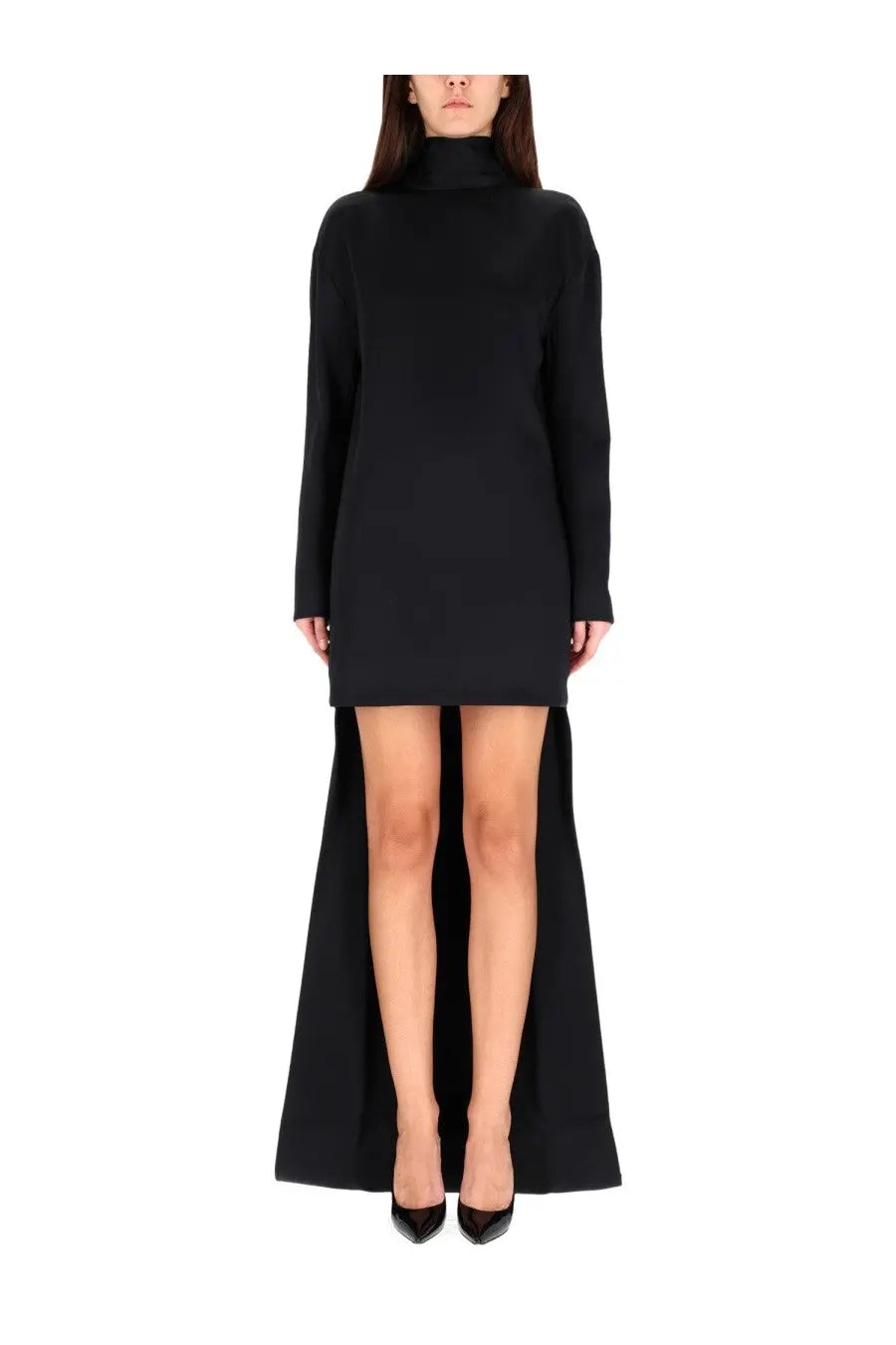 Tom Ford women’s black cocktail dress with high neck long sleeves and flowing asymmetrical hemline