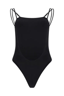 Tom Ford women’s black jersey one-piece swimsuit with thin adjustable spaghetti straps and sleek form-fitting design
