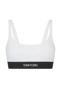 Tom Ford women’s designer modal bralette white sports bra with black band and white logo lettering