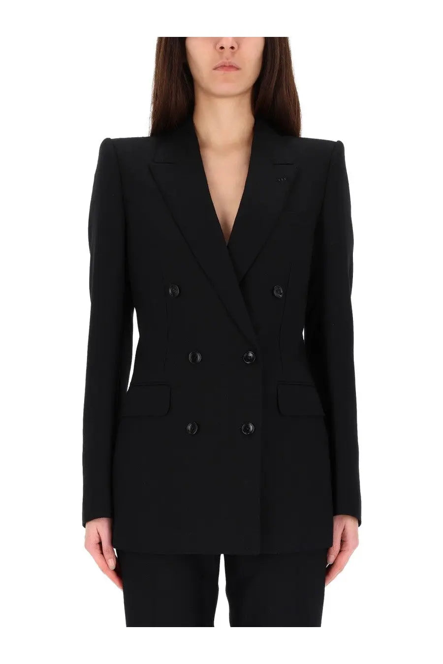 Tom Ford women’s black double breasted blazer with structured shoulders and matte black buttons