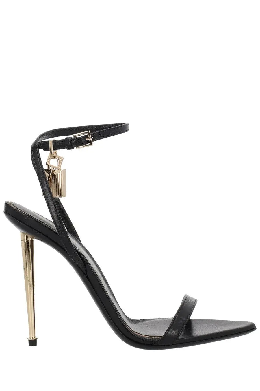 Tom ford women’s black leather heeled sandal with ankle strap gold-tone lock charm and slender metallic heel