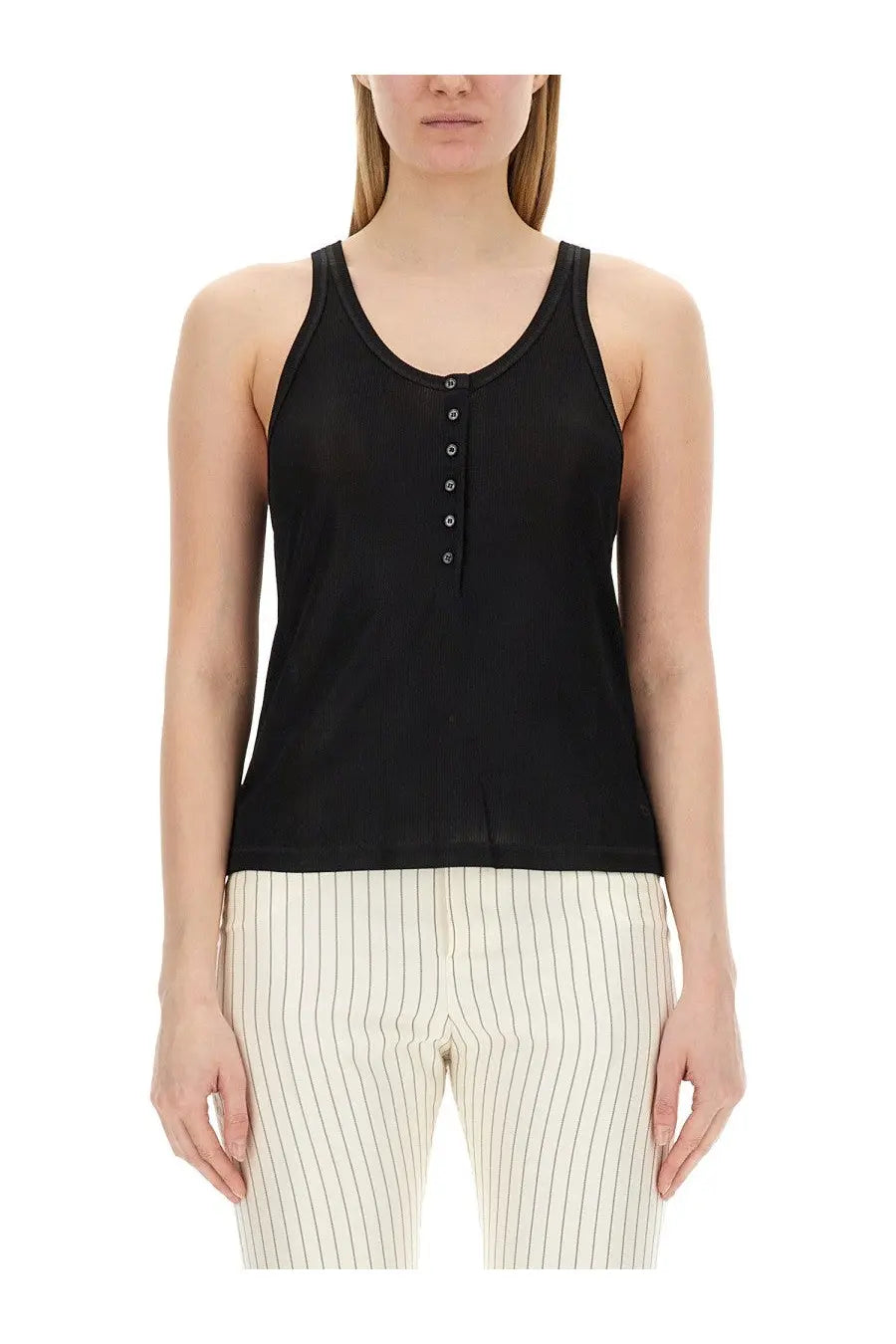 Black ribbed knit tank top with button-down front from tom ford made of jersey fabric for women