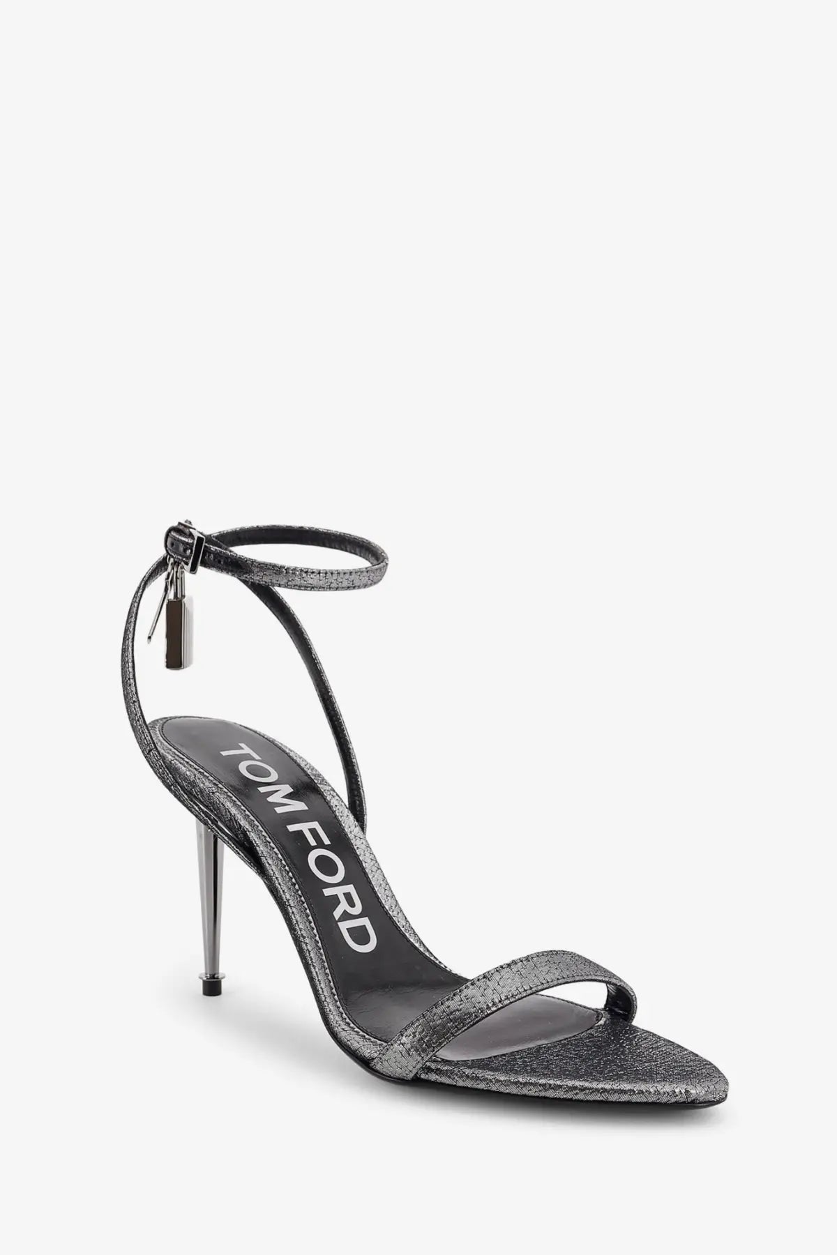 Tom Ford women’s silver laminated heeled sandals with silver glitter, slender heel, and ankle strap