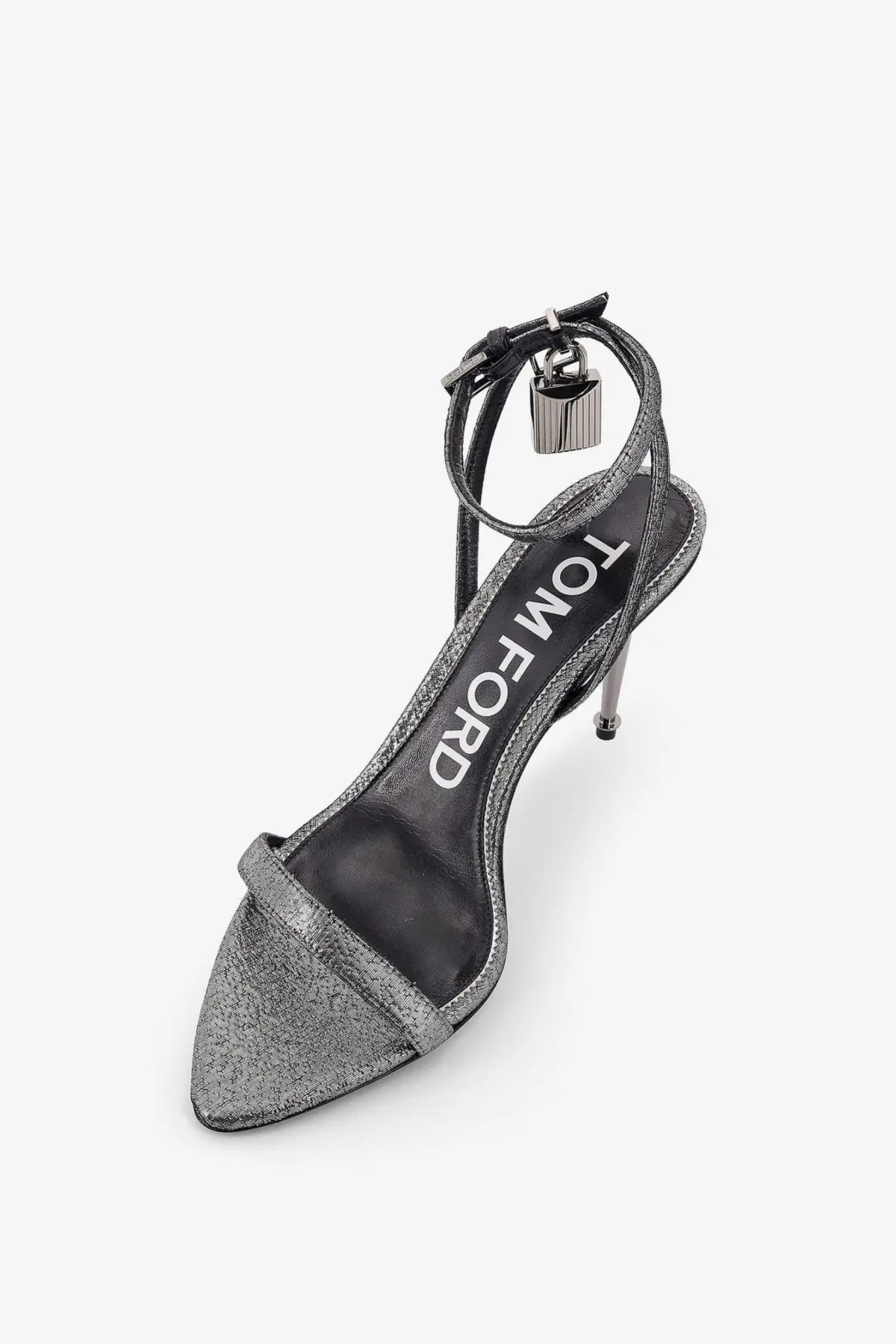 Tom Ford women’s laminated silver metallic sandal with slender heel and ankle strap with padlock charm