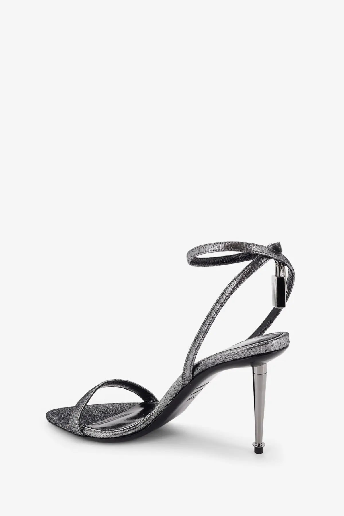 Silver metallic strappy high heeled sandal with sleek slender heel and ankle strap by tom ford womens laminated heels