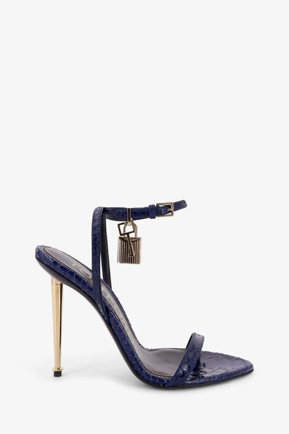 Tom ford women’s deep blue snakeskin embossed leather sandals with gold tone stiletto heel and ankle strap lock charm