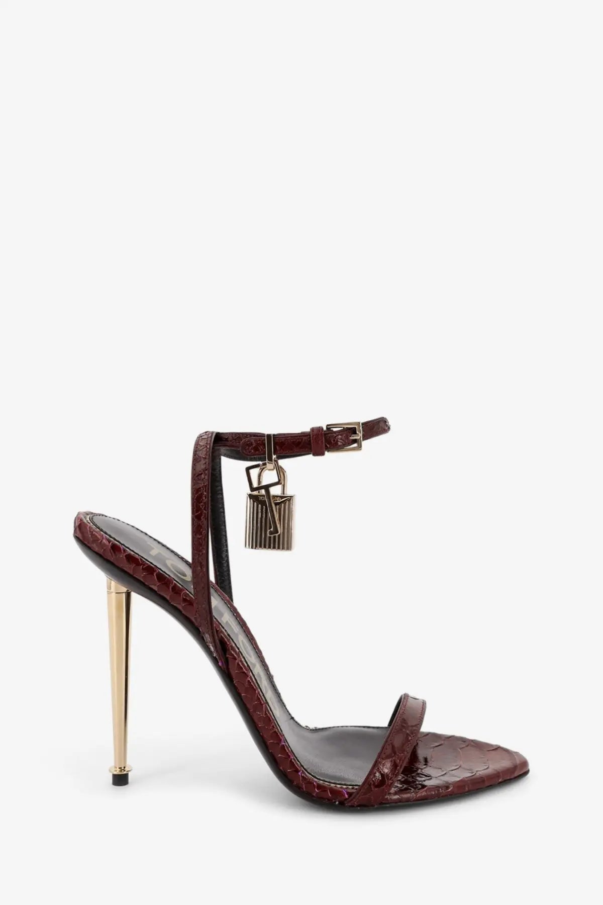 Tom ford women’s laminated leather burgundy crocodile-embossed sandals with gold-tone stiletto heel and ankle strap lock charm