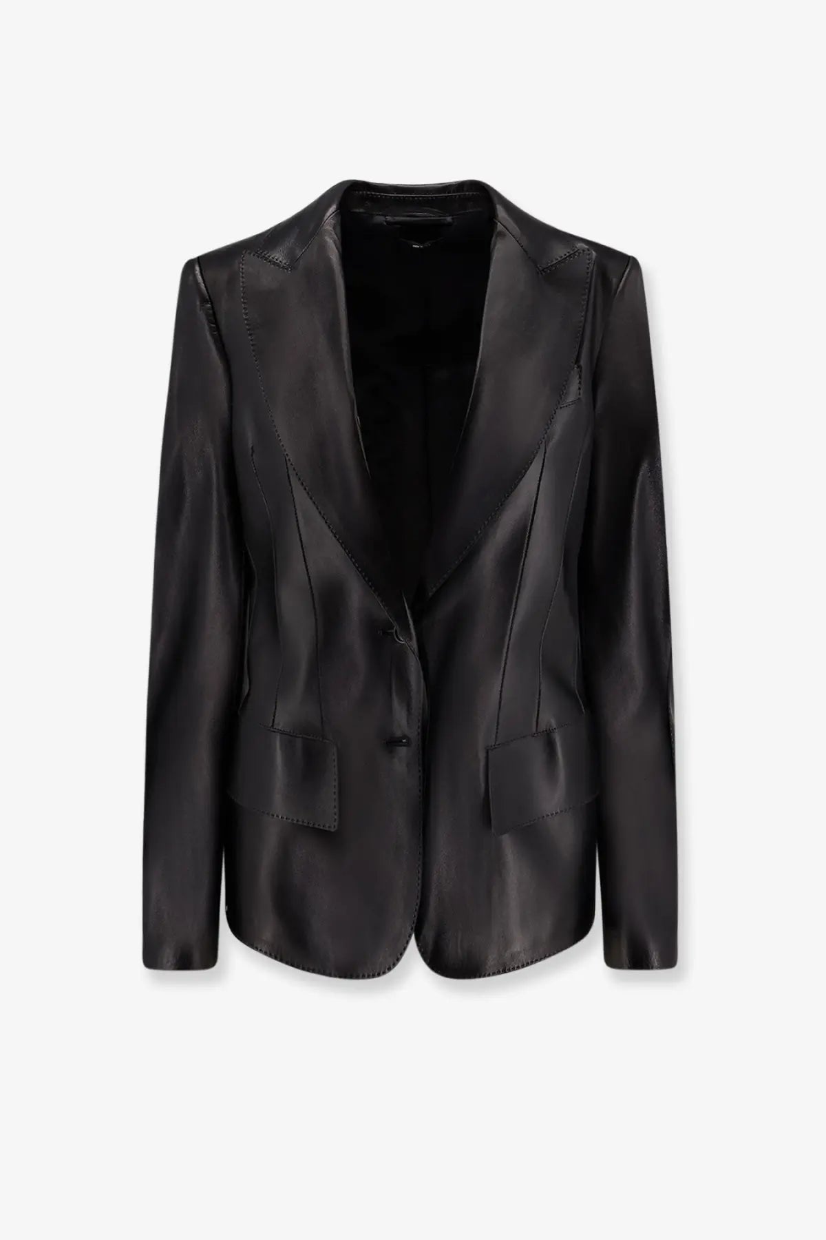 Tom Ford women’s black leather blazer with sleek minimalist design and subtle stitching details