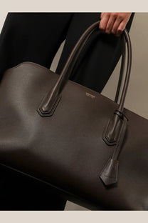 Tom Ford women’s leather shoulder bag in brown with sleek dark brown leather tote design and structured handles