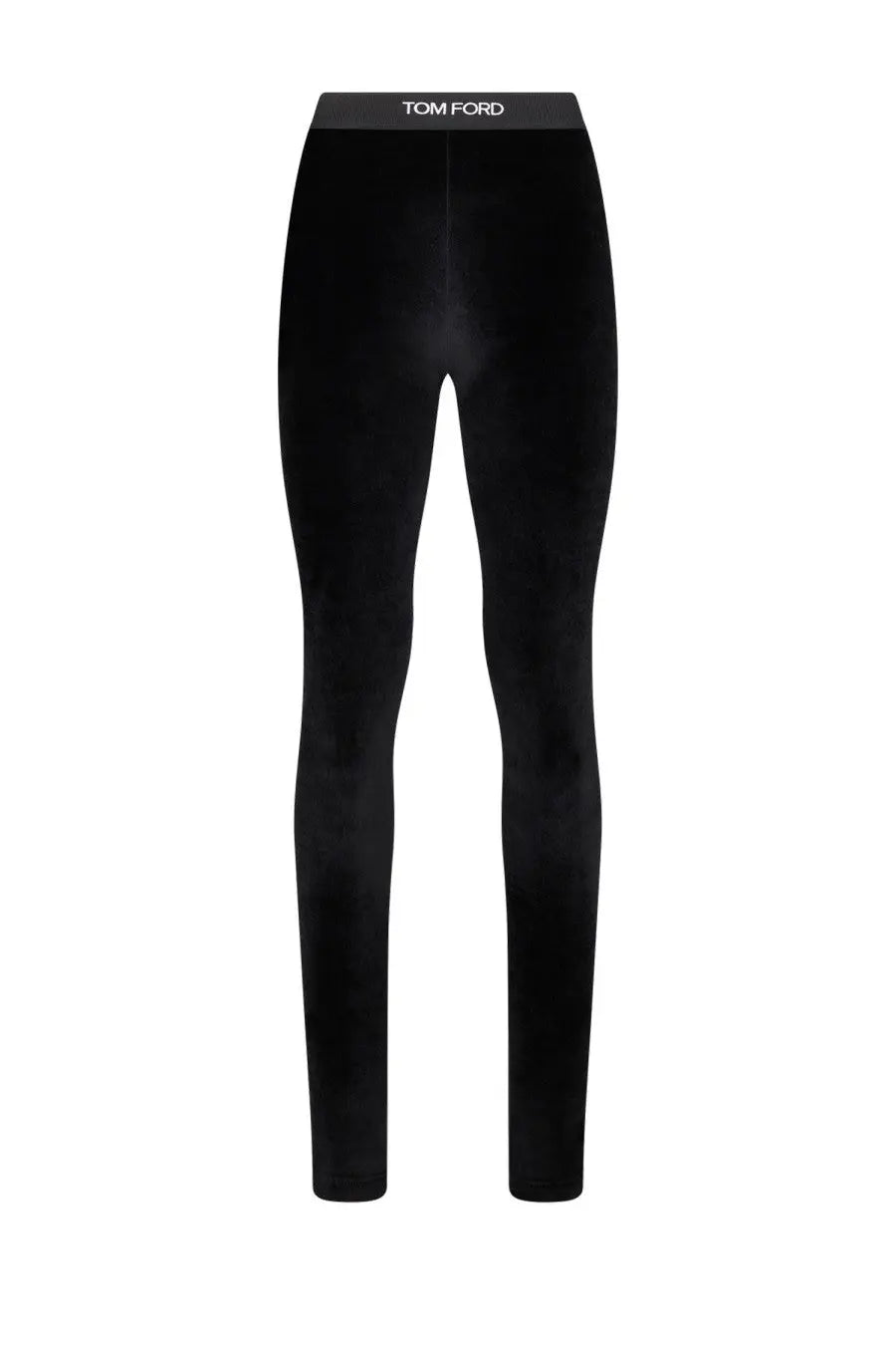Black velvet tom ford women’s leggings with sleek form fitting design and white logo embroidered at waistband