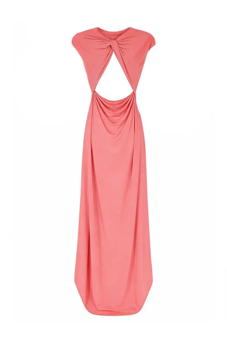 Coral-colored maxi dress with draped knotted neckline and open back made of flowing viscose fabric