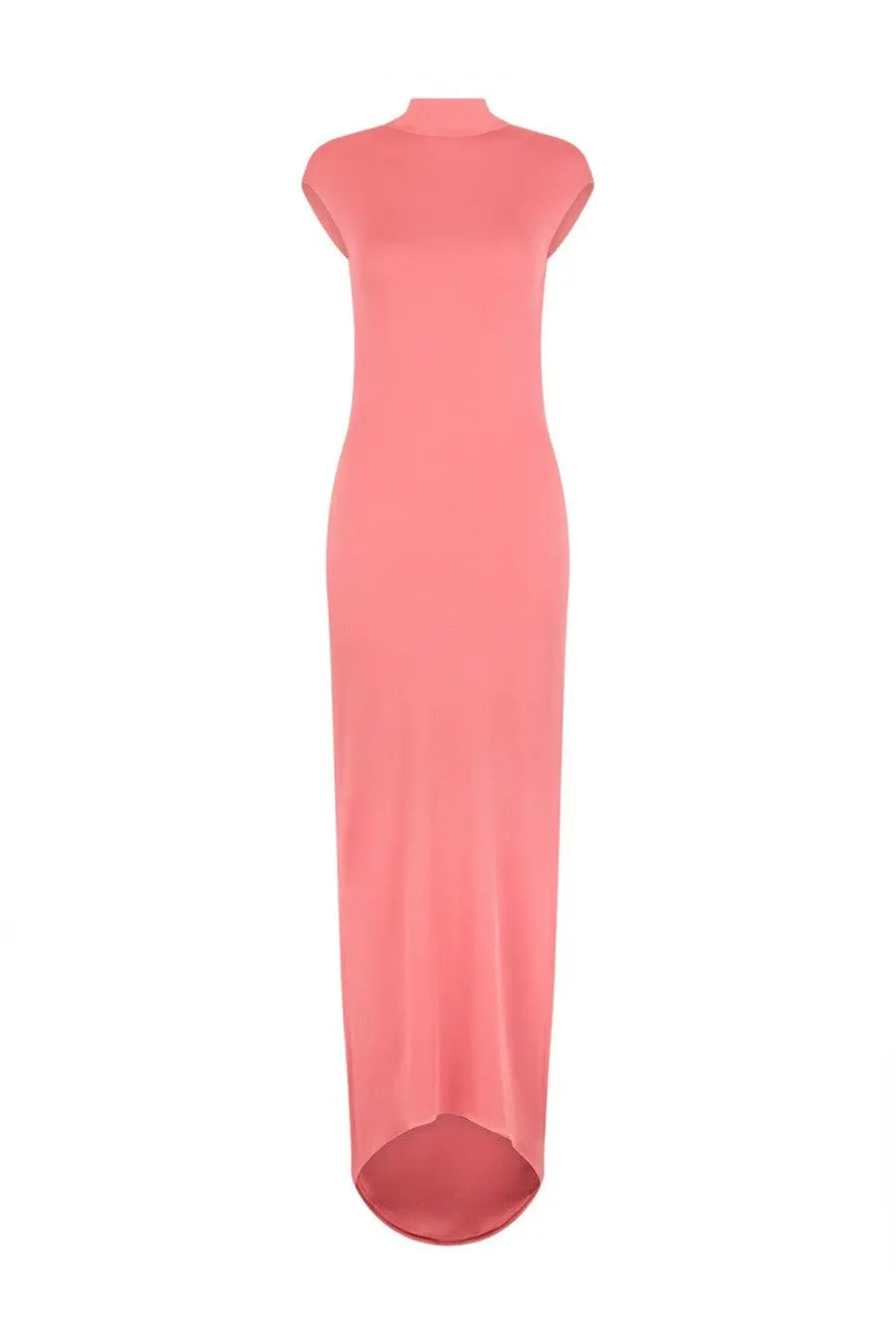 Tom Ford women’s long viscose dress in blue with sleek coral-pink high-neck, form-fitting silhouette, and asymmetrical hemline