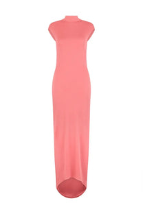 Tom Ford women’s long viscose dress in blue with sleek coral-pink high-neck, form-fitting silhouette, and asymmetrical hemline