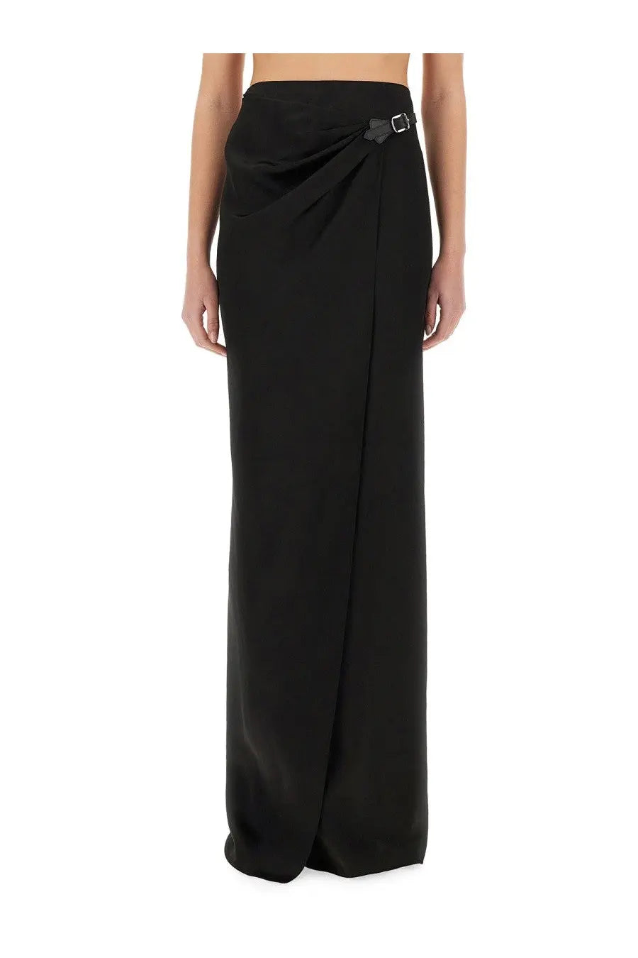 Tom Ford women’s black satin maxi wrap skirt with draped front and silver-toned buckle detail at the waist