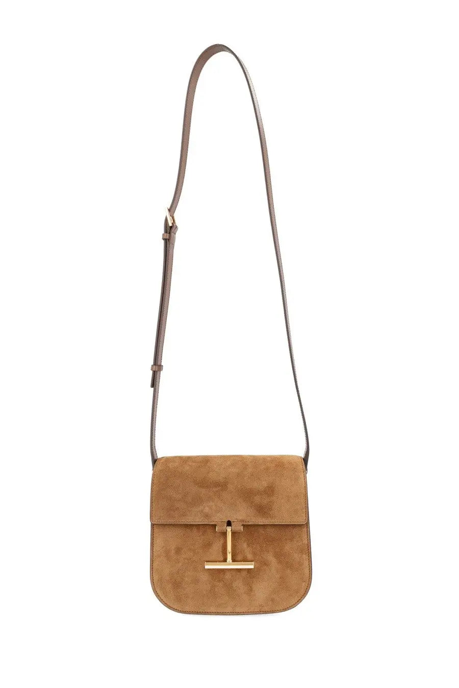 Tom Ford women’s mini Tara bag brown tan suede crossbody with gold-tone t-shaped clasp and adjustable strap